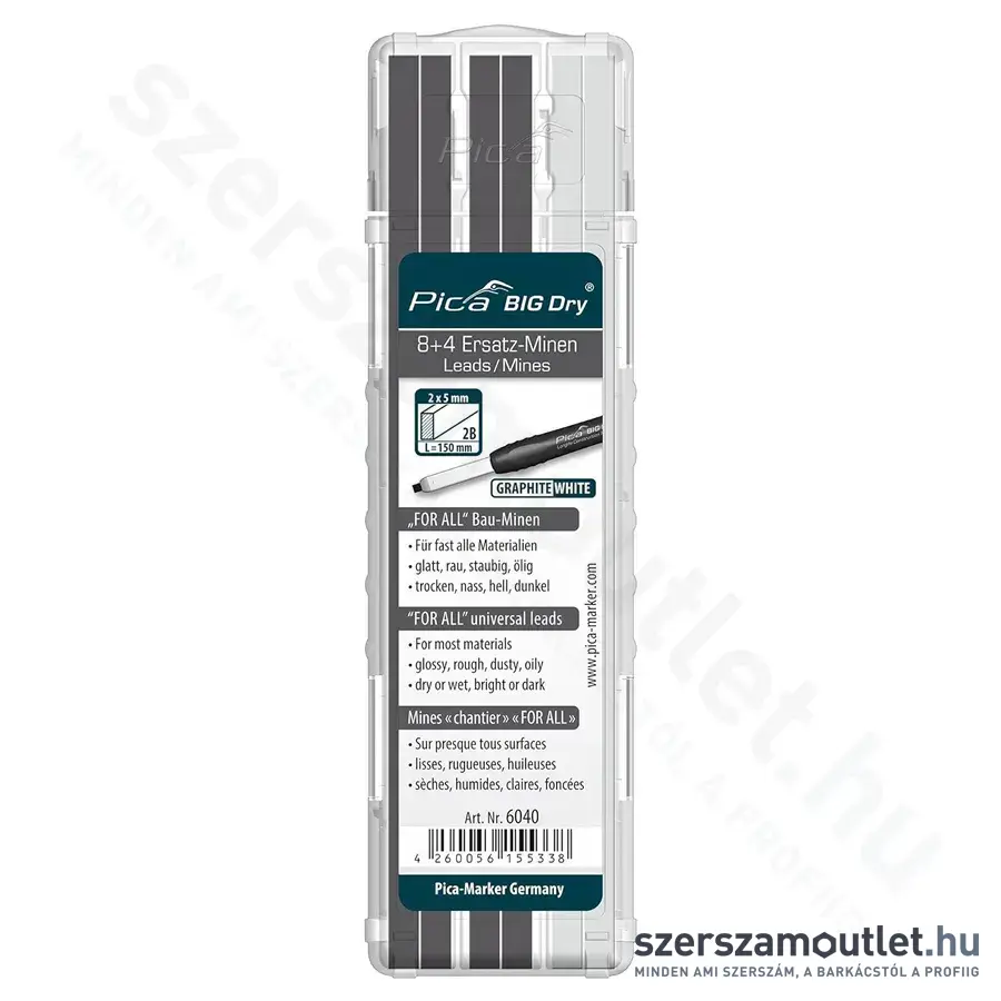 PICA BIG DRY Jelölőmarker betét 2B grafit 2x5x150mm 12db (Grafit/Fehér) (6040)