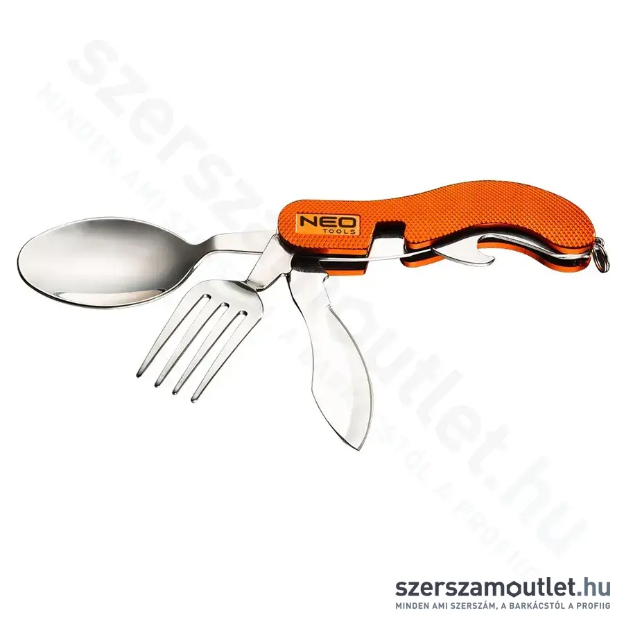 NEO TOOLS Tábori kemping zsebkés, evőeszköz funkció, alumínium, 100mm