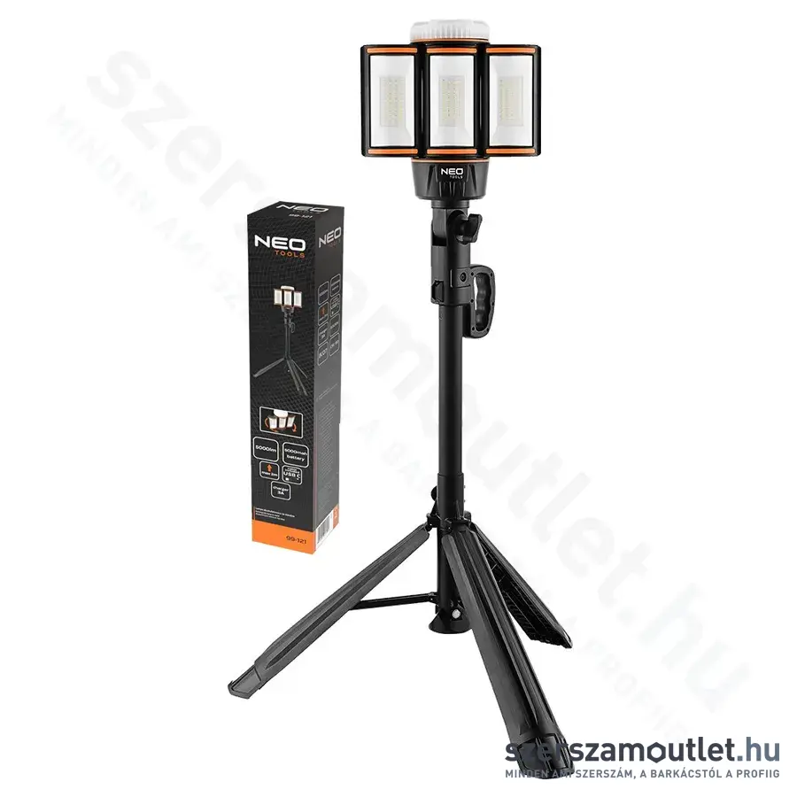 NEO TOOLS Akkus reflektor állvánnyal, SMD-LED, USB-C, IP44, IK07, 5000lm, 6500K, 11,1W (5,0Ah)