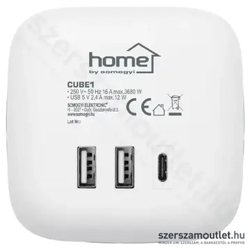 SOMOGYI Home CUBE1 Kocka elosztó, 3 aljzat gyermekvédelemmel, 1db USB-C, 2db USB-A, 3680W, 230V