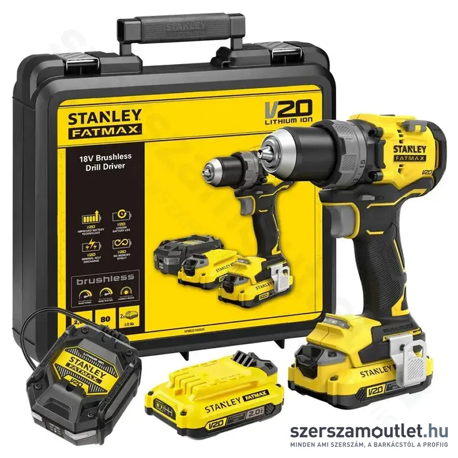STANLEY SFMCD725D2K-QW Akkus szénkefementes fúró-csavarozó 80Nm, 13mm (2x2,0Ah/18V)