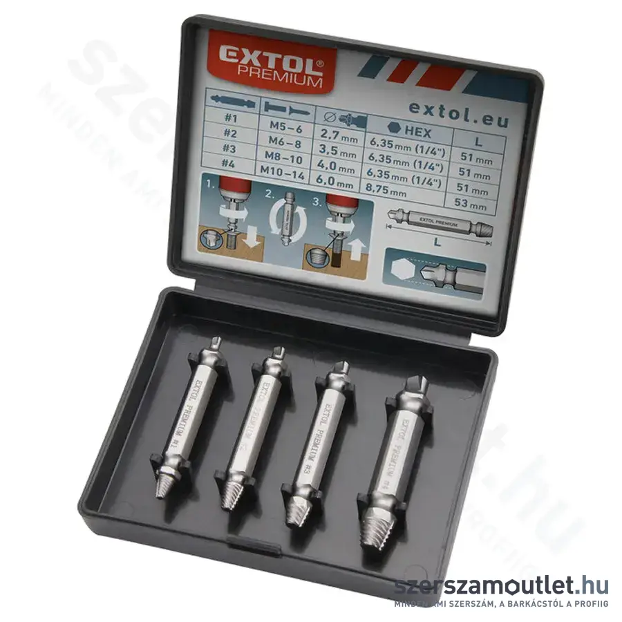 EXTOL Törtcsavar kiszedő készlet 4 részes (2,7-6,0mm)x51mm