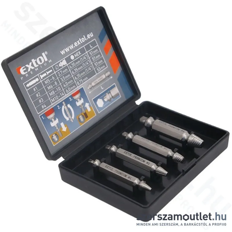 EXTOL Törtcsavar kiszedő készlet 4 részes (2,7-6,0mm)x51mm