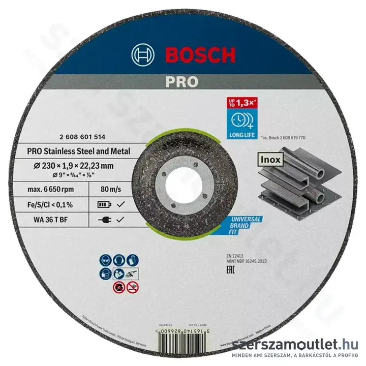 BOSCH Standard for Inox hajlított vágókorong 230x1,9x22,23mm (2608601514)