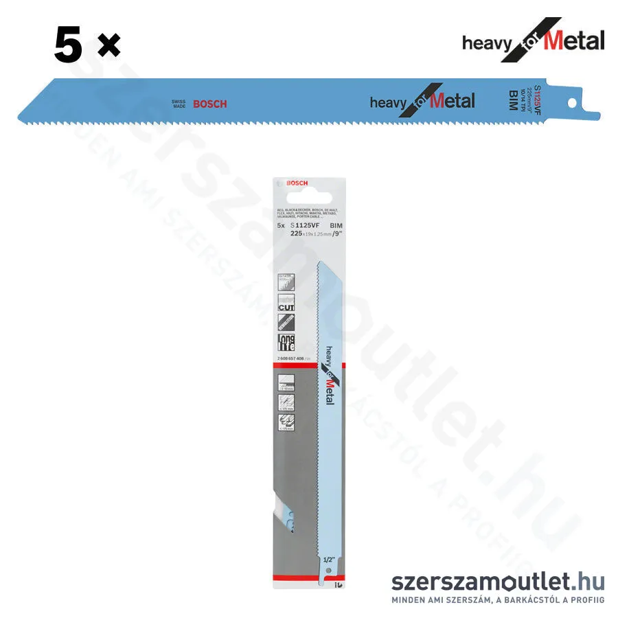 BOSCH S 1125 VF Heavy for Metal szablyafűrészlap 225x19x1,25 [5db/csomag] (2608657408)