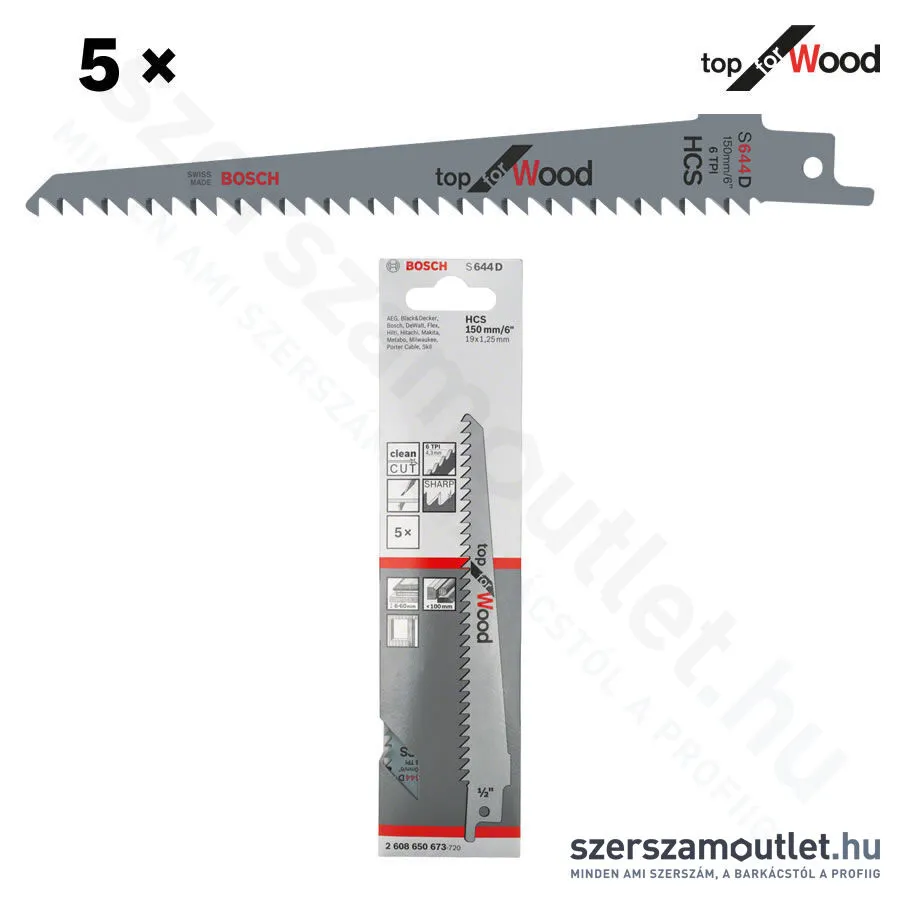 BOSCH S 644 D Top for Wood szablyafűrészlap 150x19x1,25mm [5db/csomag] (2608650673)
